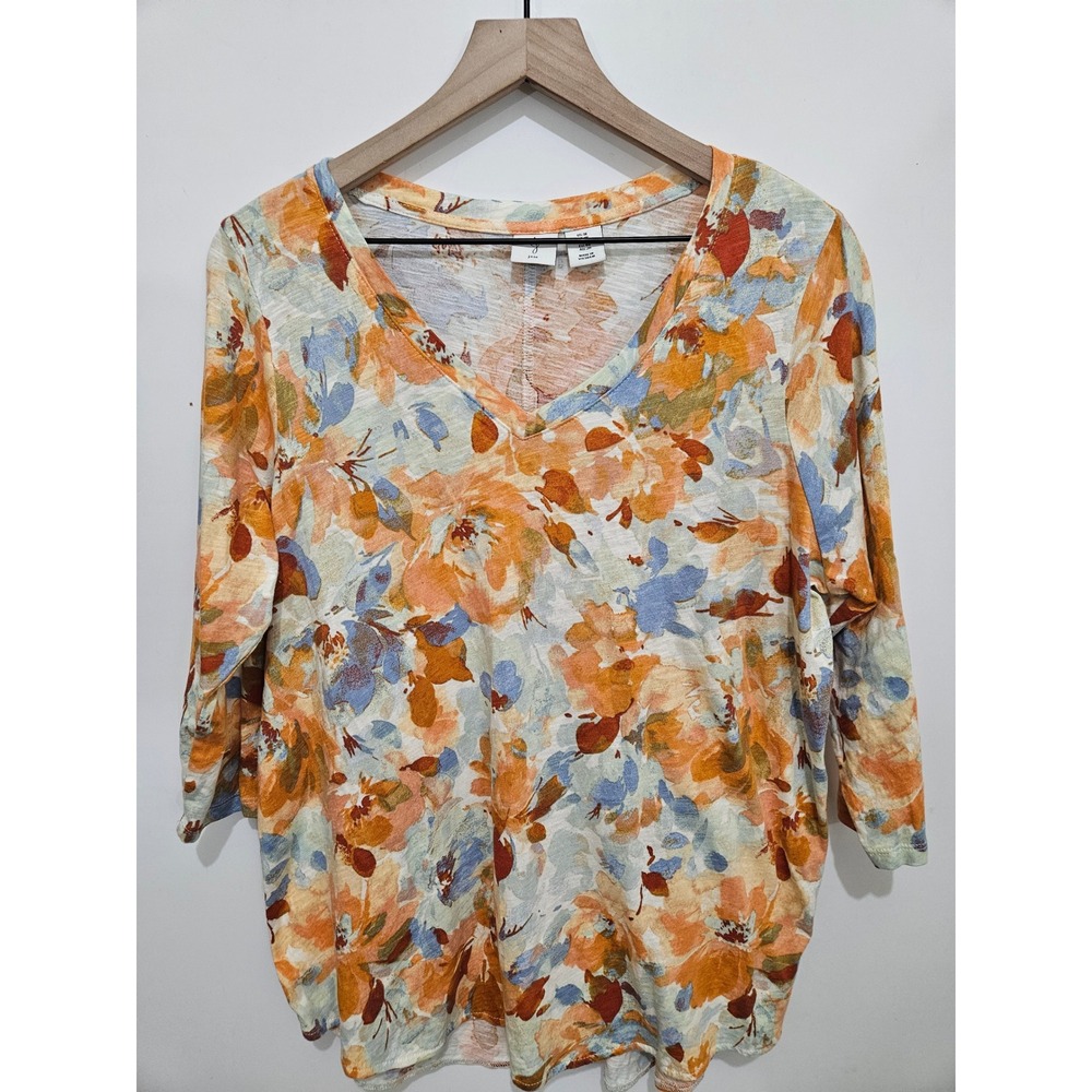 Joie Womens 1X Orange Floral V-Neck 3/4 Sleeve Cotton‎ Slub Knit T-Shirt Top